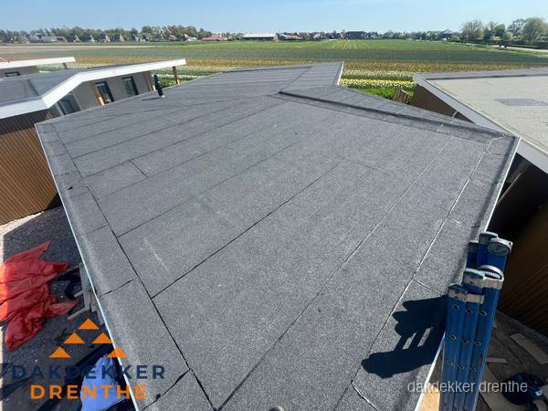 Nieuw bitumen plat dak met uitzicht over landschap in Drenthe